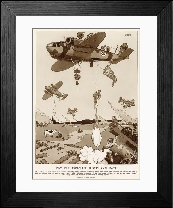 Framed Print : British soldiers had landed in Italy by parachute, here is an illustration by William Heath Robinson showing how they returned! Date: 1941 Framed Print : British soldiers had landed in Italy by parachute, here is an illustration by William Heath Robinson showing how they returned! Date: 1941