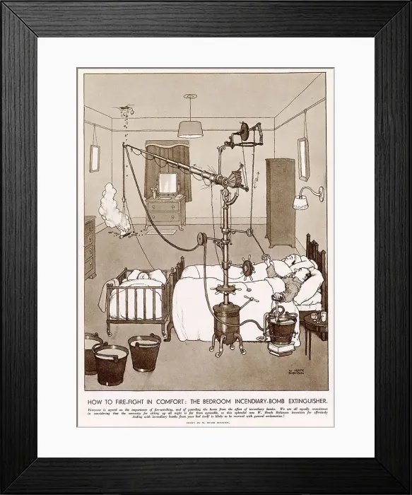 Framed Print : Couples ingenious device so they don't wake up the baby. A makeshift pump that extinguishes incendiary bombs that have landed in your home without leaving the comfort of your bed. Date: 1941 Framed Print : Couples ingenious device so they don't wake up the baby. A makeshift pump that extinguishes incendiary bombs that have landed in your home without leaving the comfort of your bed. Date: 1941