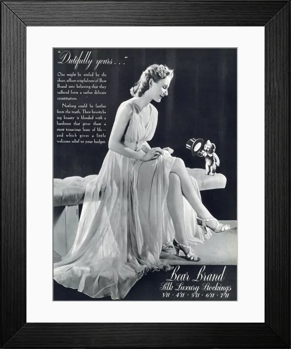 Framed Print : Dutifully yours Silk luxury stockings. Date: 1940 Framed Print : Dutifully yours Silk luxury stockings. Date: 1940