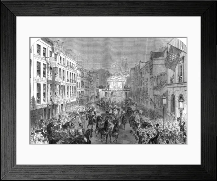 Framed Print : Royal wedding 1863 - procession passing Temple Bar Framed Print : Royal wedding 1863 - procession passing Temple Bar
