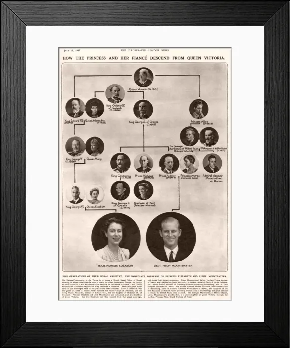 Framed Print : Royal Wedding 1947 - family tree Framed Print : Royal Wedding 1947 - family tree