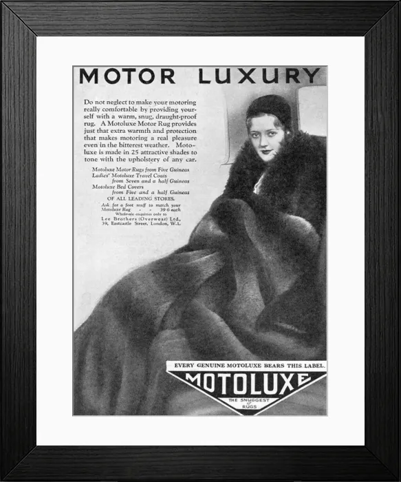 Framed Print : Motoluxe motor rug advertisement Framed Print : Motoluxe motor rug advertisement