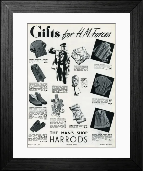 Framed Print : Advert for Harrods gifts for the H. M forces 1939 Framed Print : Advert for Harrods gifts for the H. M forces 1939