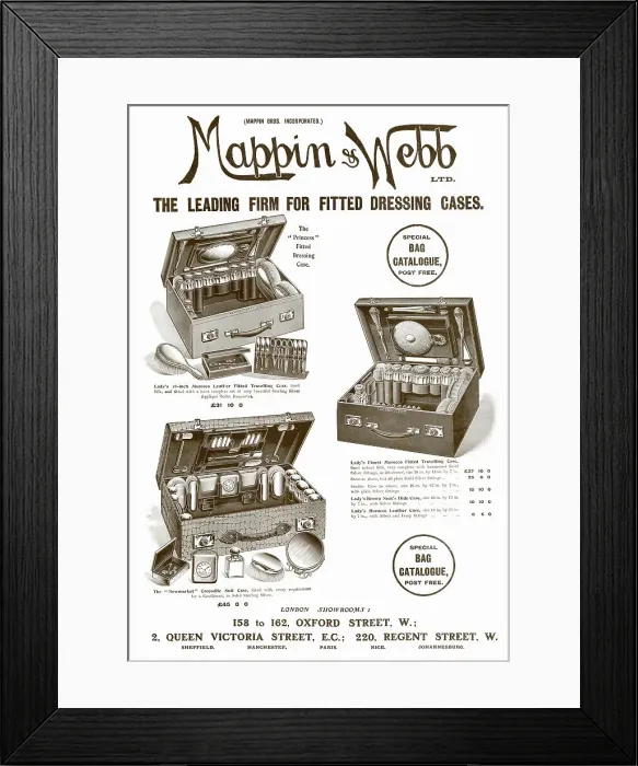 Framed Print : Three travelling vanity cases made of crocodile and Morocco leather. Date: 1907 Framed Print : Three travelling vanity cases made of crocodile and Morocco leather. Date: 1907