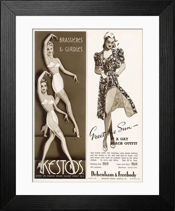 Framed Print : Two adverts from Kestos, brassieres and girdles and Debenham & Freebody beach outfit. Date: May 1940 Framed Print : Two adverts from Kestos, brassieres and girdles and Debenham & Freebody beach outfit. Date: May 1940