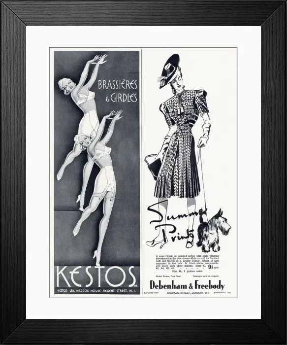 Framed Print : Two adverts from Kestos, brassieres and girdles and Debenham & Freebody smart printed frock. Date: May 1940 Framed Print : Two adverts from Kestos, brassieres and girdles and Debenham & Freebody smart printed frock. Date: May 1940