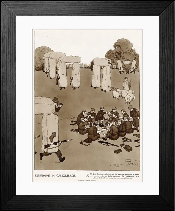Framed Print : William Heath Robinson drawing showing soldiers unaware of the camouflaged famous Stonehenge moving around in Wiltshire. Date: 1941