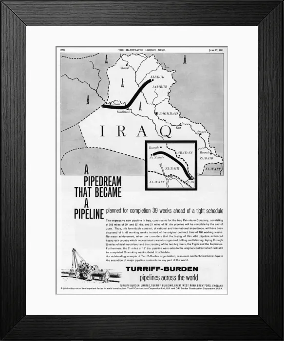 Framed Print : Turriff-Burden advertisement - Iraq oil pipelines Framed Print : Turriff-Burden advertisement - Iraq oil pipelines