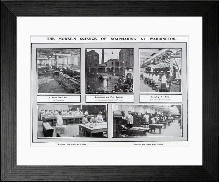 Framed Print : Various stages in order of making the palm oil and vegetable fats into a finely-scented eramic soap in Joseph Crosfield & Sons, Soap Works at Bank Quarry, Warrington, Cheshire. Date: 1907 Framed Print : Various stages in order of making the palm oil and vegetable fats into a finely-scented eramic soap in Joseph Crosfield & Sons, Soap Works at Bank Quarry, Warrington, Cheshire. Date: 1907