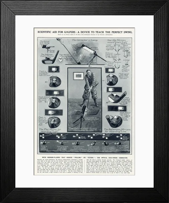 Framed Print : A device to teach the optical golf swing using a mirror-flashes that denote pulling and slicing. Date: 1930 Framed Print : A device to teach the optical golf swing using a mirror-flashes that denote pulling and slicing. Date: 1930