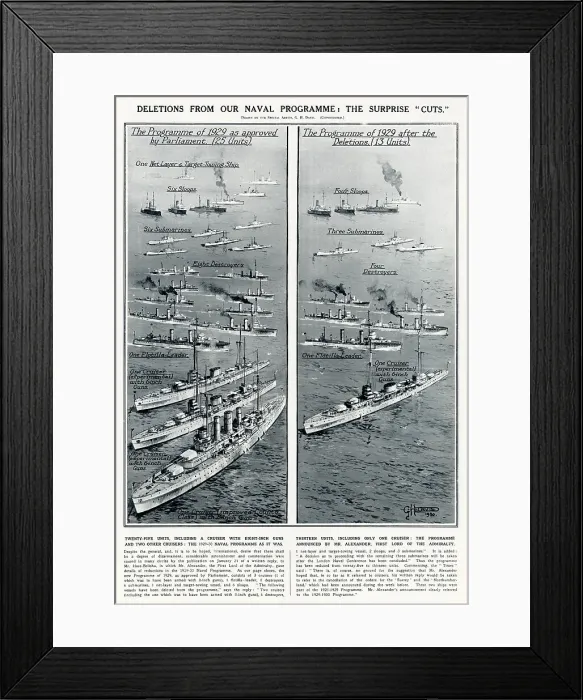 Framed Print : The Naval programme announced by Alexandra, First of the Admiralty, giving details of reductions in the budget of 1929-30. Date: 1930 Framed Print : The Naval programme announced by Alexandra, First of the Admiralty, giving details of reductions in the budget of 1929-30. Date: 1930
