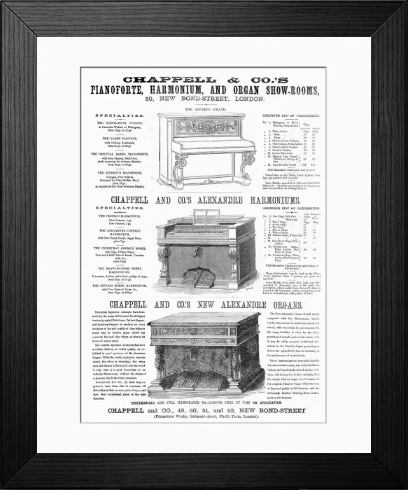 Framed Print : Advert for Chappell & Co.s musical instruments 1875 Framed Print : Advert for Chappell & Co.s musical instruments 1875