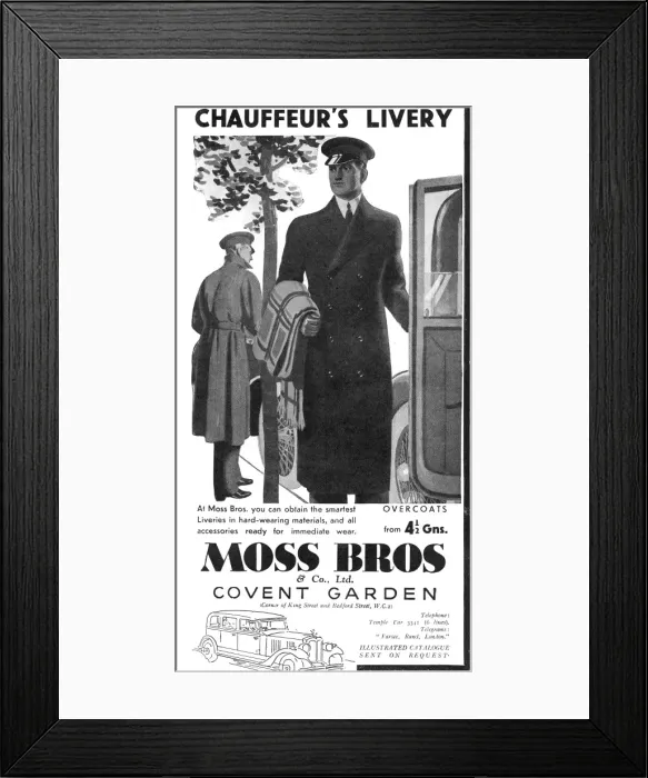 Framed Print : Chauffeur livery advertisement by Moss Bros Framed Print : Chauffeur livery advertisement by Moss Bros