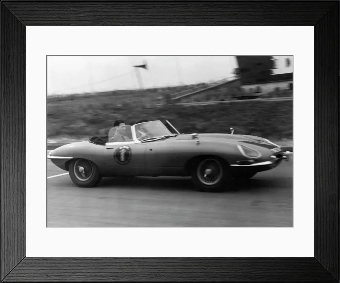 Framed Print : Prince Michael of Kent driving an E-type Jaguar at Brands Ha Framed Print : Prince Michael of Kent driving an E-type Jaguar at Brands Ha