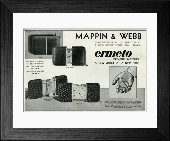 Framed Print : Advert for Mappin & Webb Ermeto Movado pocket watch 1934 Framed Print : Advert for Mappin & Webb Ermeto Movado pocket watch 1934
