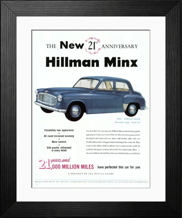 Framed Print : Hillman Minx car advertisement, 1953