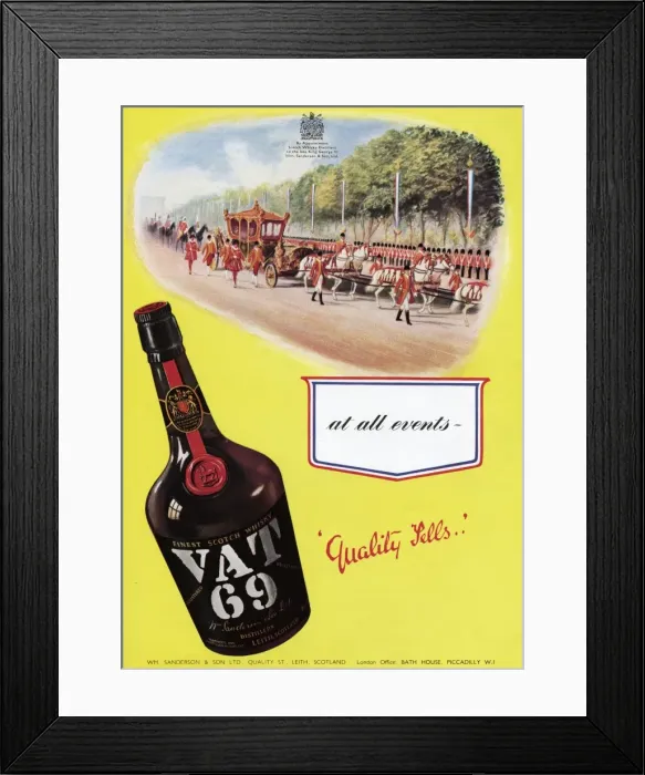 Framed Print : VAT 69 Whiskey Coronation advertisement Framed Print : VAT 69 Whiskey Coronation advertisement