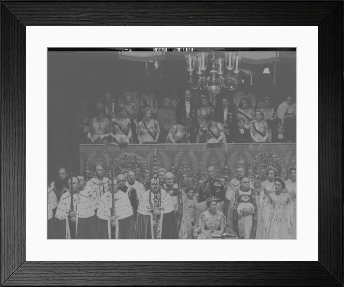 Framed Print : Queen sits in Chair of Estate, Coronation 1953 Framed Print : Queen sits in Chair of Estate, Coronation 1953