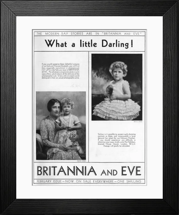 Framed Print : Advert for Britannia and Eve featuring Princess Elizabeth Framed Print : Advert for Britannia and Eve featuring Princess Elizabeth
