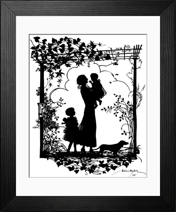 Framed Print : Silhouette of Viscountess Harcourt with her daughters Framed Print : Silhouette of Viscountess Harcourt with her daughters