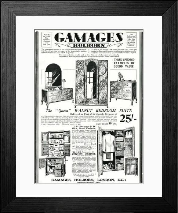 Framed Print : Advert for Gamages furniture 1929 Framed Print : Advert for Gamages furniture 1929