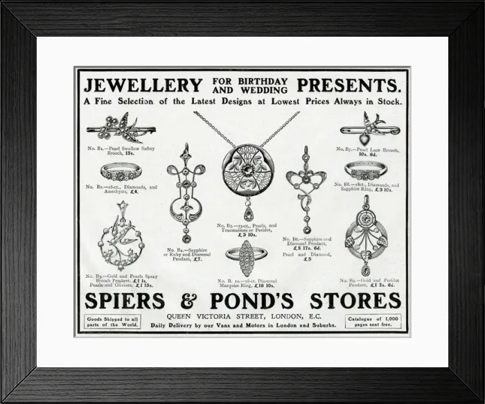 Framed Print : Advert for Spiers & Ponds stores, jewellery 1911 Framed Print : Advert for Spiers & Ponds stores, jewellery 1911