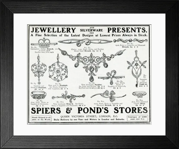 Framed Print : Advert for Spiers & Ponds stores, jewellery 1911