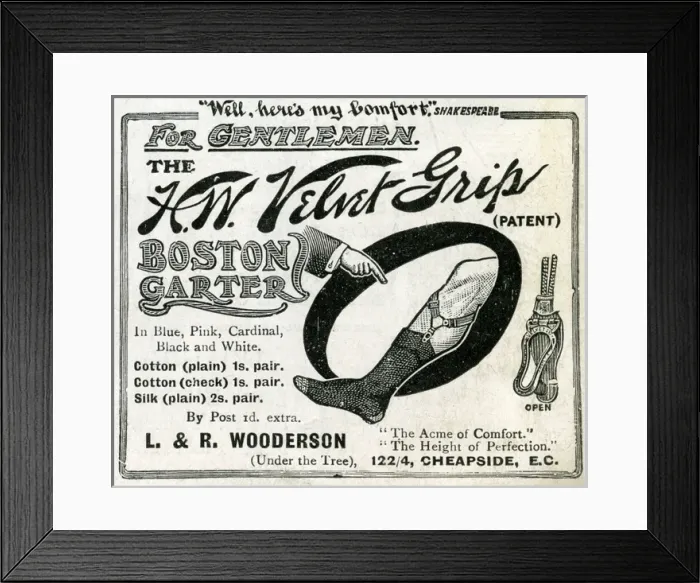Framed Print : Advert for L & R Wooderson mens sock garter 1906 Framed Print : Advert for L & R Wooderson mens sock garter 1906
