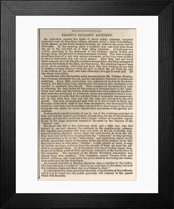 Framed Print : Burradon Colliery mining disaster