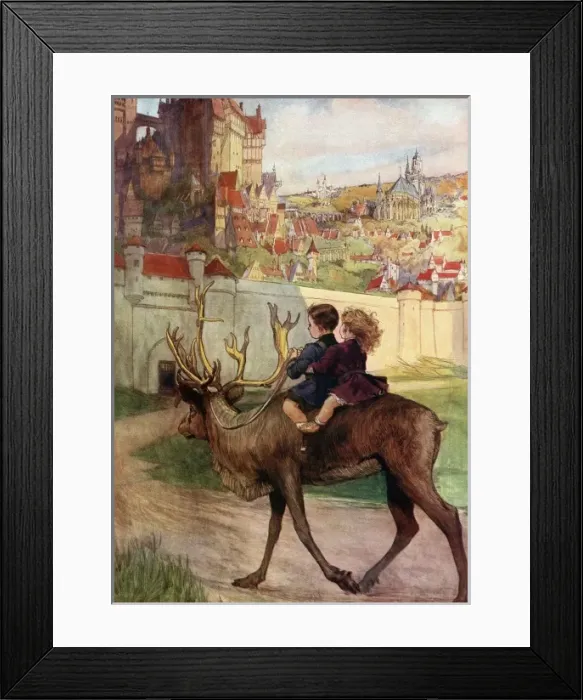 Framed Print : Children ride reindeer by P. A. Staynes Framed Print : Children ride reindeer by P. A. Staynes