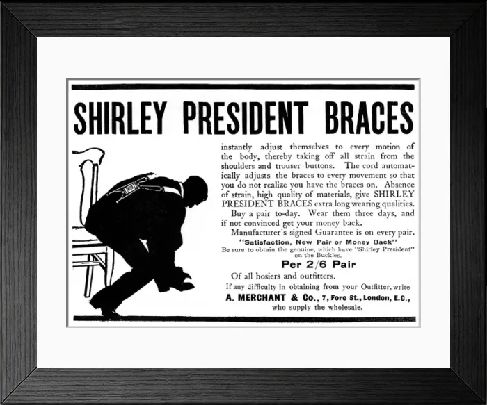 Framed Print : Braces advertisement Framed Print : Braces advertisement