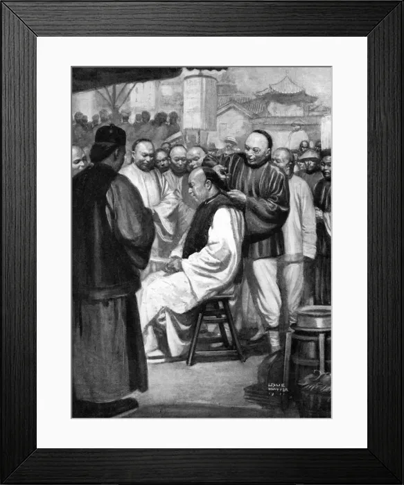 Framed Print : Chinese men having their pigtails cut off, 1911 Framed Print : Chinese men having their pigtails cut off, 1911