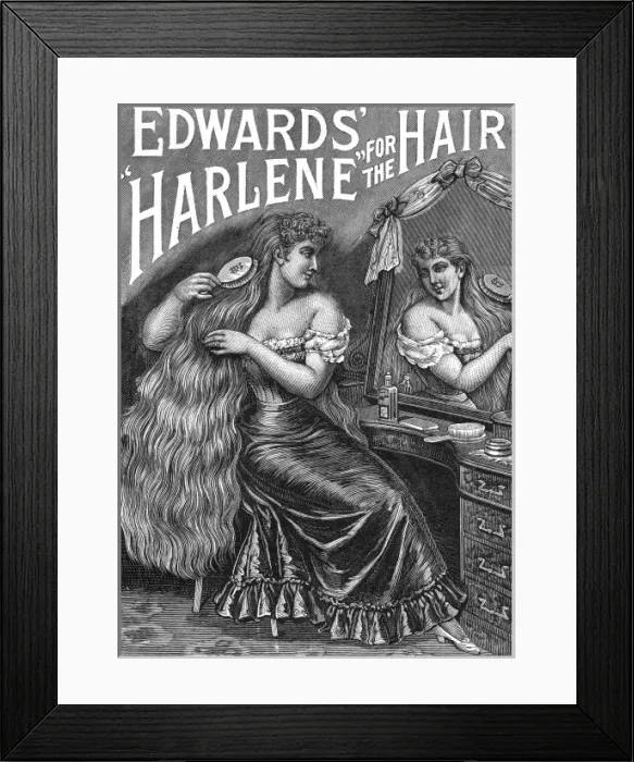 Framed Print : Hair brushing with Edwards Harlene for hair, 1895