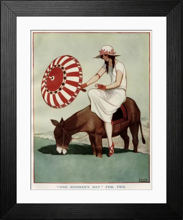Framed Print : Lady and Donkey ride through a lush meadow