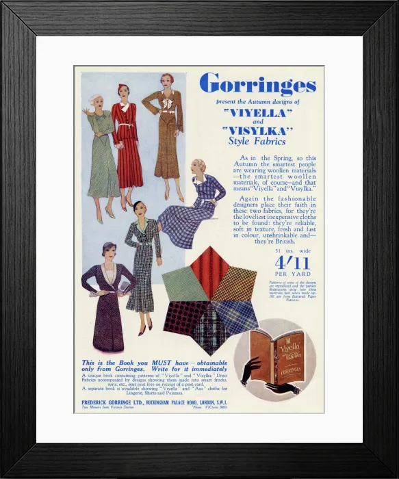 Framed Print : Advert for Gorringes fashion fabrics 1932 Framed Print : Advert for Gorringes fashion fabrics 1932
