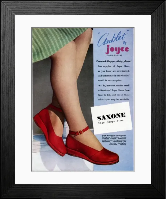 Framed Print : Advert for Anklet by Joyce California shoes 1945
