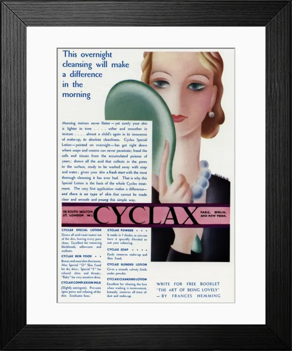 Framed Print : Advert for Cyclax cleansing lotion 1931 Framed Print : Advert for Cyclax cleansing lotion 1931