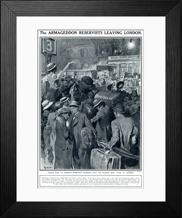 Framed Print : The Armageddon reservists leaving London, WW1, Matania Framed Print : The Armageddon reservists leaving London, WW1, Matania