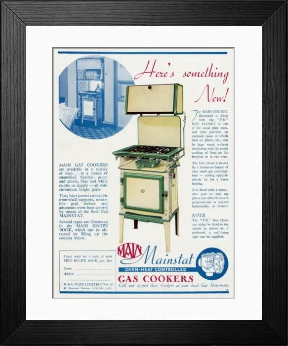 Framed Print : Advert for Main Mainstat gas cookers with hot plate 1938