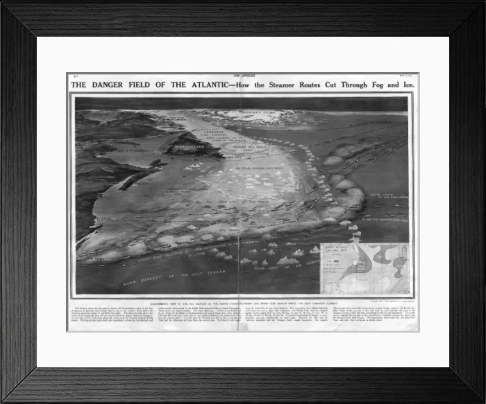 Framed Print : Titanic - Danger Field of the Atlantic with routes through i Framed Print : Titanic - Danger Field of the Atlantic with routes through i