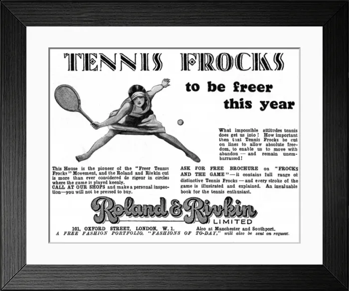 Framed Print : Roland & Rivkin tennis dress advertisement, 1927 Framed Print : Roland & Rivkin tennis dress advertisement, 1927