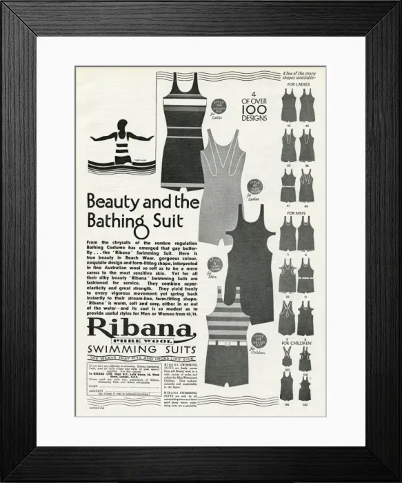 Framed Print : Advert for Ribana pure wool bathing suits 1931 Framed Print : Advert for Ribana pure wool bathing suits 1931