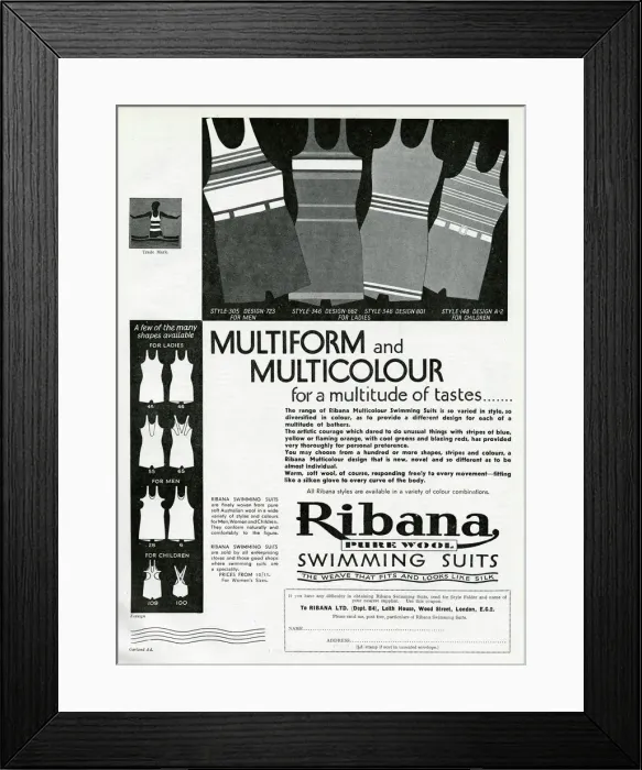 Framed Print : Advert for Ribana pure wool bathing suits 1931 Framed Print : Advert for Ribana pure wool bathing suits 1931