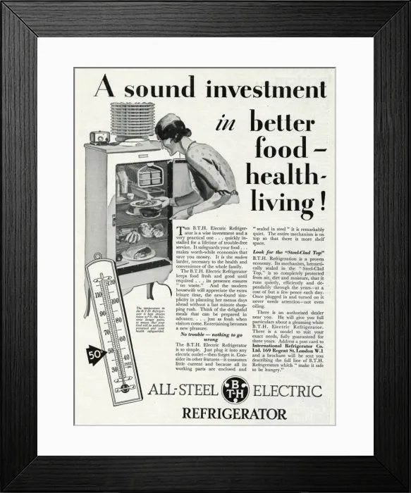 Framed Print : Advert for All - steel B. T. H electric refrigerator 1931