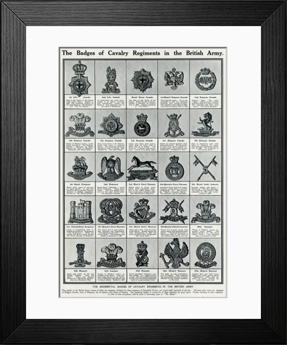 Framed Print : The Badges of Cavalry Regimants in the British Army 1915 Framed Print : The Badges of Cavalry Regimants in the British Army 1915