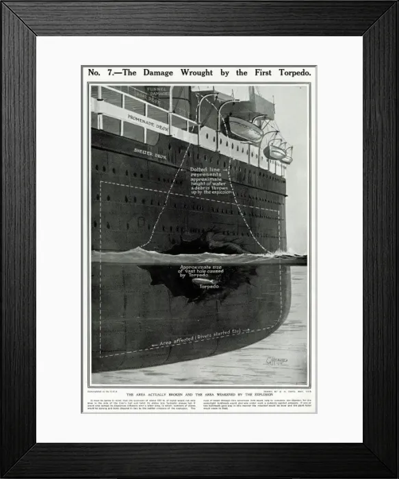 Framed Print : The Damage on the Lusitania by the first torpedo