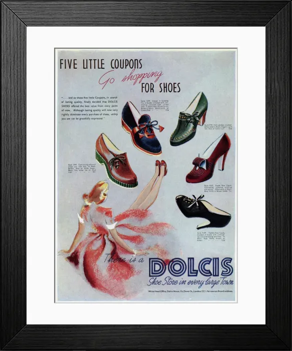 Framed Print : Advert for Dolcis shoes, shopping with five coupons 1941