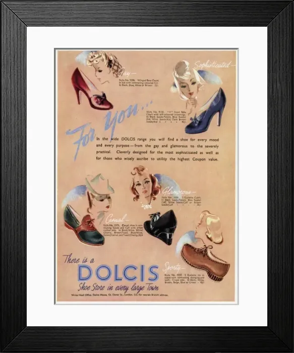 Framed Print : Advert for Dolcis shoes 1941
