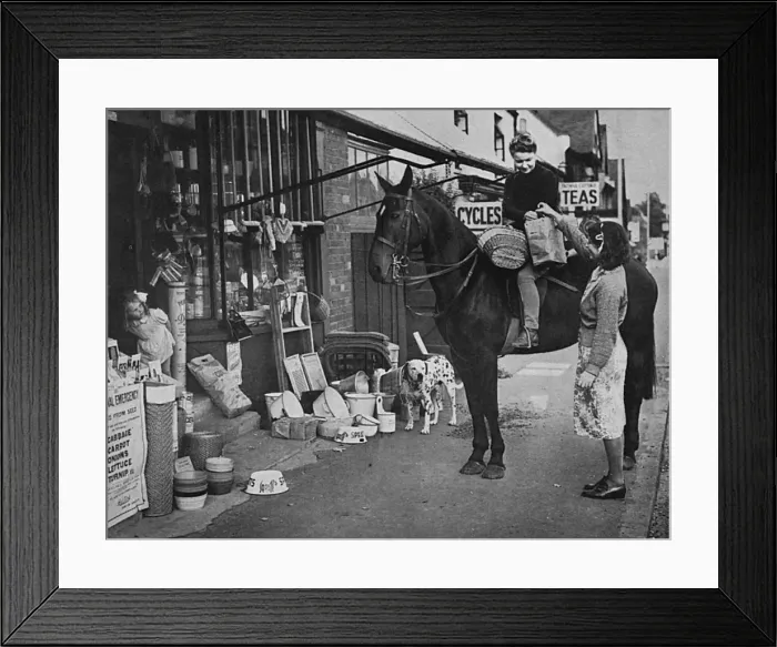 Framed Print : Wartime shopping on horseback, 1939 Framed Print : Wartime shopping on horseback, 1939