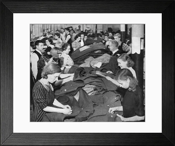 Framed Print : Winter greatcoats being made in army clothing factory, WWII